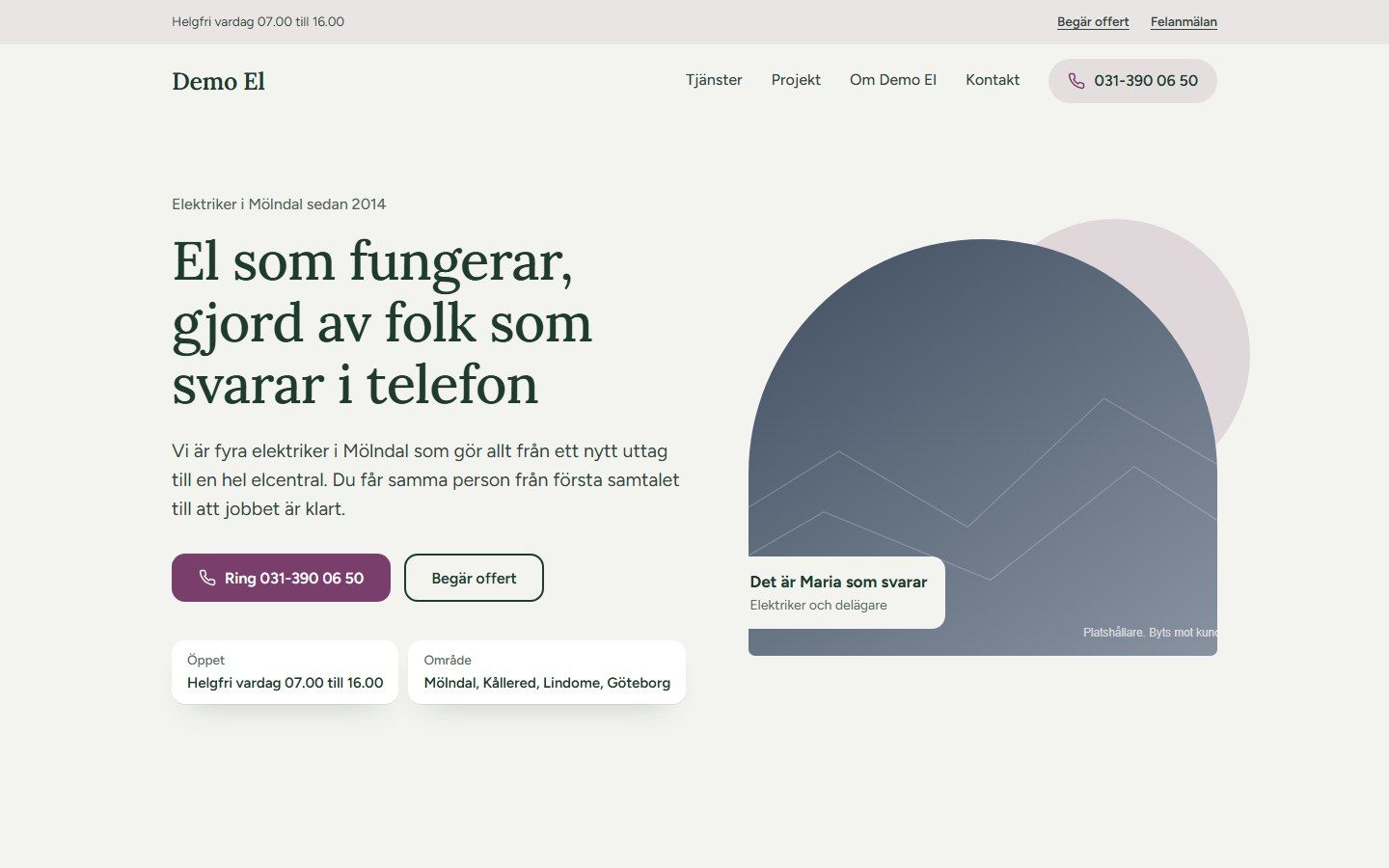 Exempeldesign för ett påhittat elföretag i en dator.