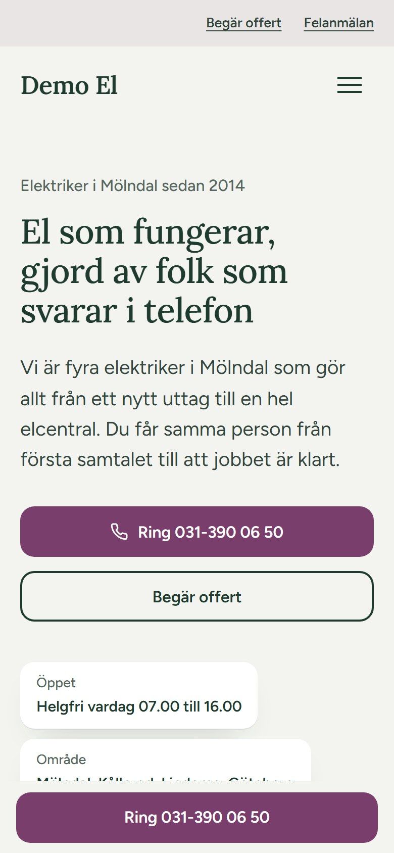 Samma exempeldesign för elföretaget i en mobil.