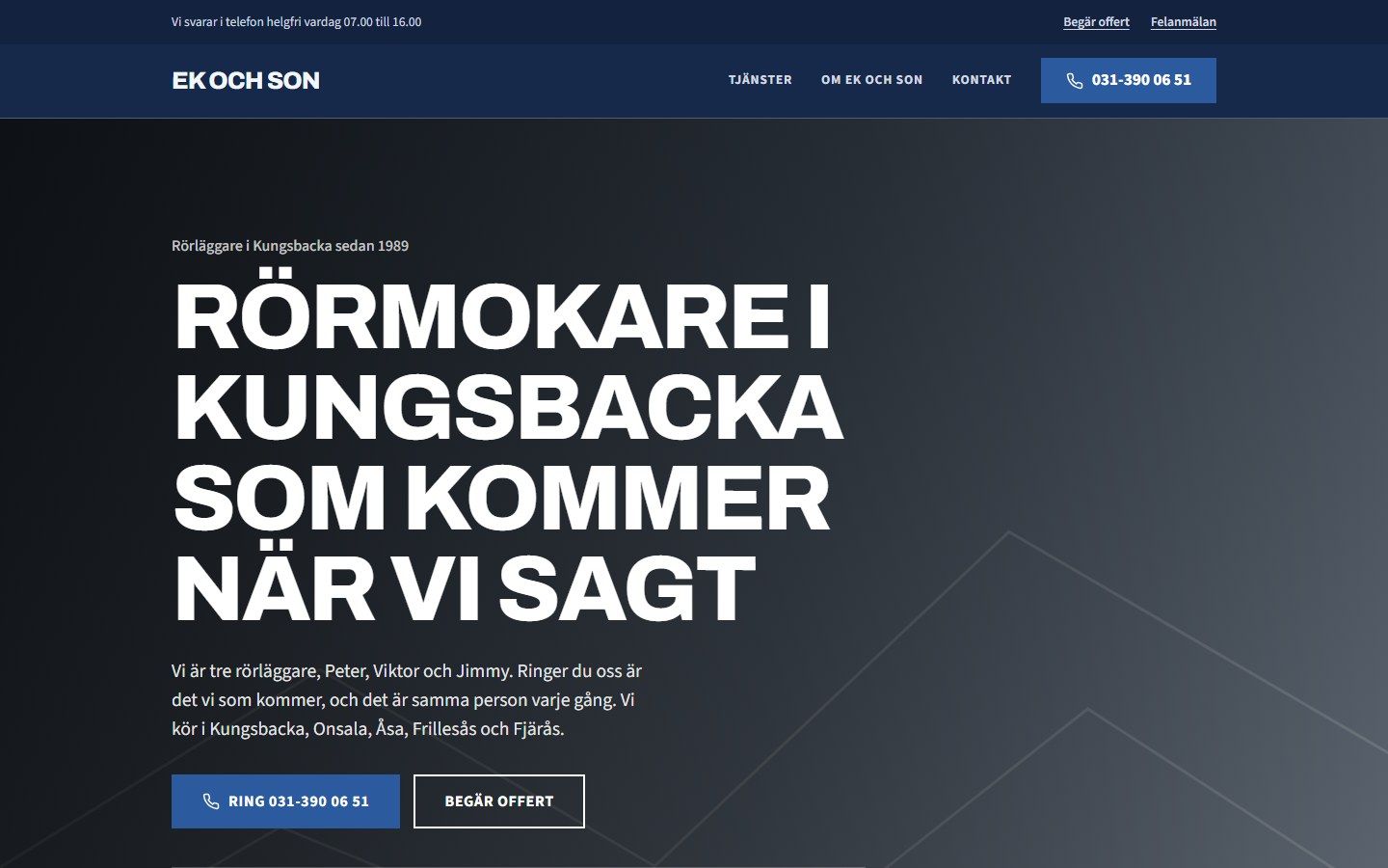Exempeldesign för ett påhittat rörföretag i en dator, mörk sida med stora rubriker.