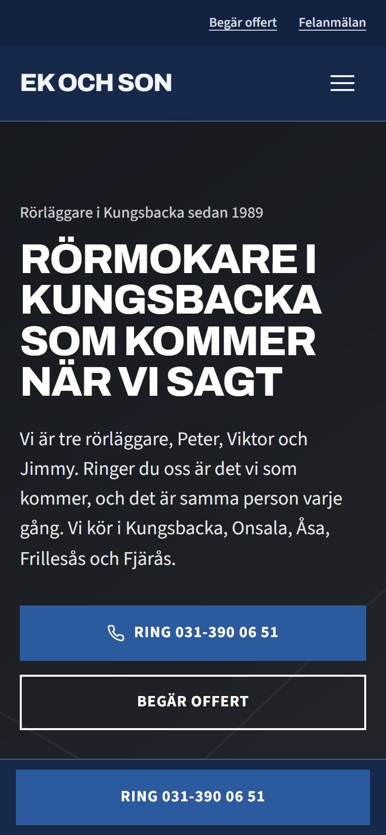 Samma exempeldesign för rörföretaget i en mobil.