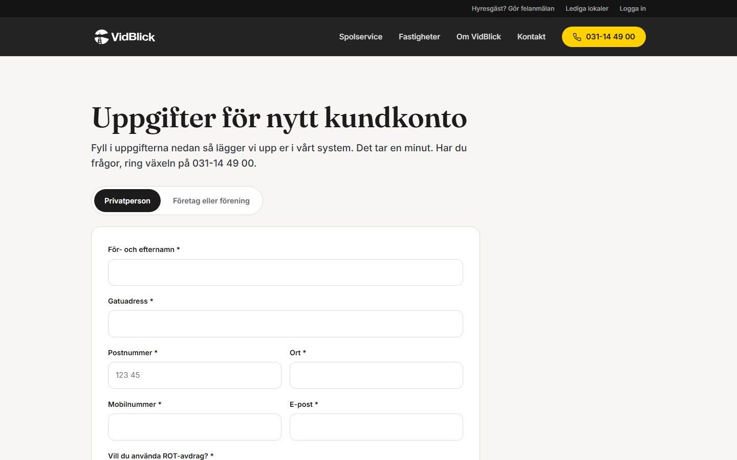 Formuläret för nya kunder på vidblick.se i en dator, med val mellan privatperson och företag.