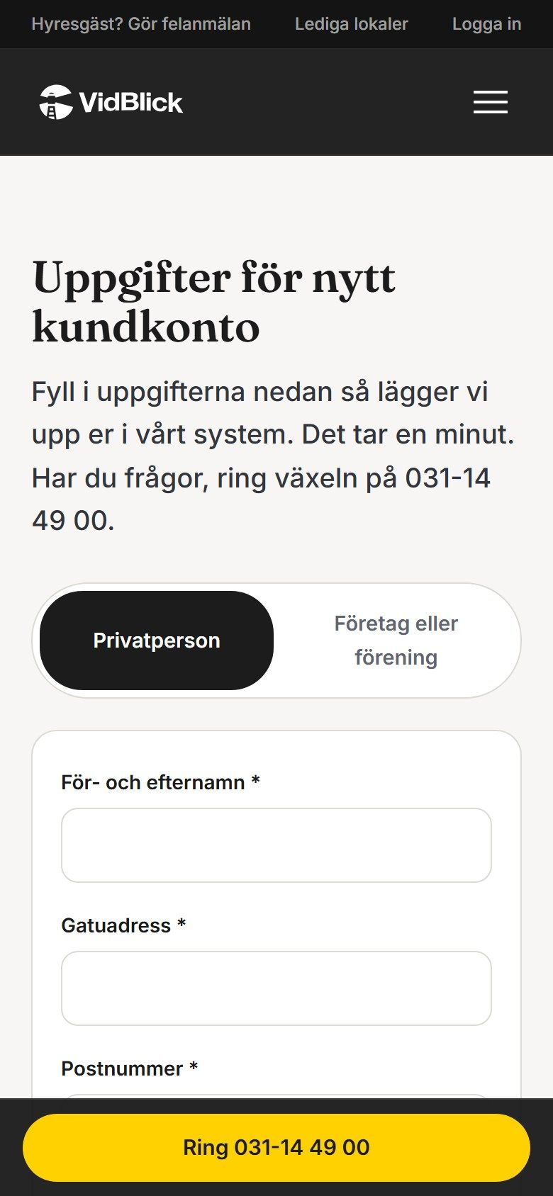 Formuläret för nya kunder i en mobil.