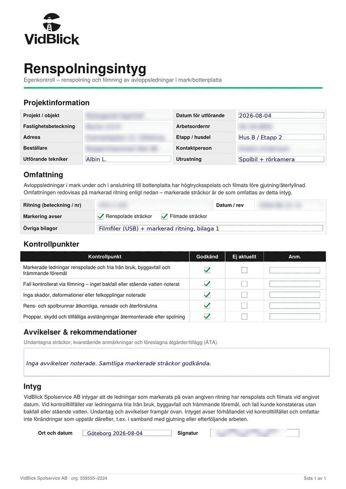 Exempel på renspolningsintyg från VidBlick